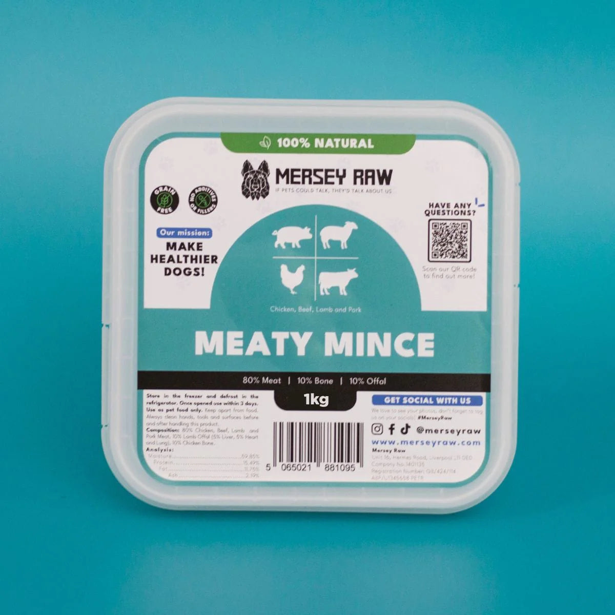 Mersey Raw - Meaty Mince (Chicken, Beef, Lamb & Pork) 80:10:10 1kg