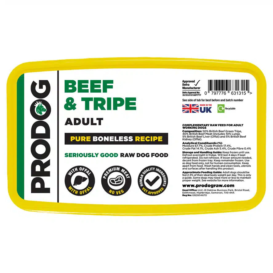 Prodog - 80:10:10 Beef & Green Tripe with Offal (Boneless) 1kg