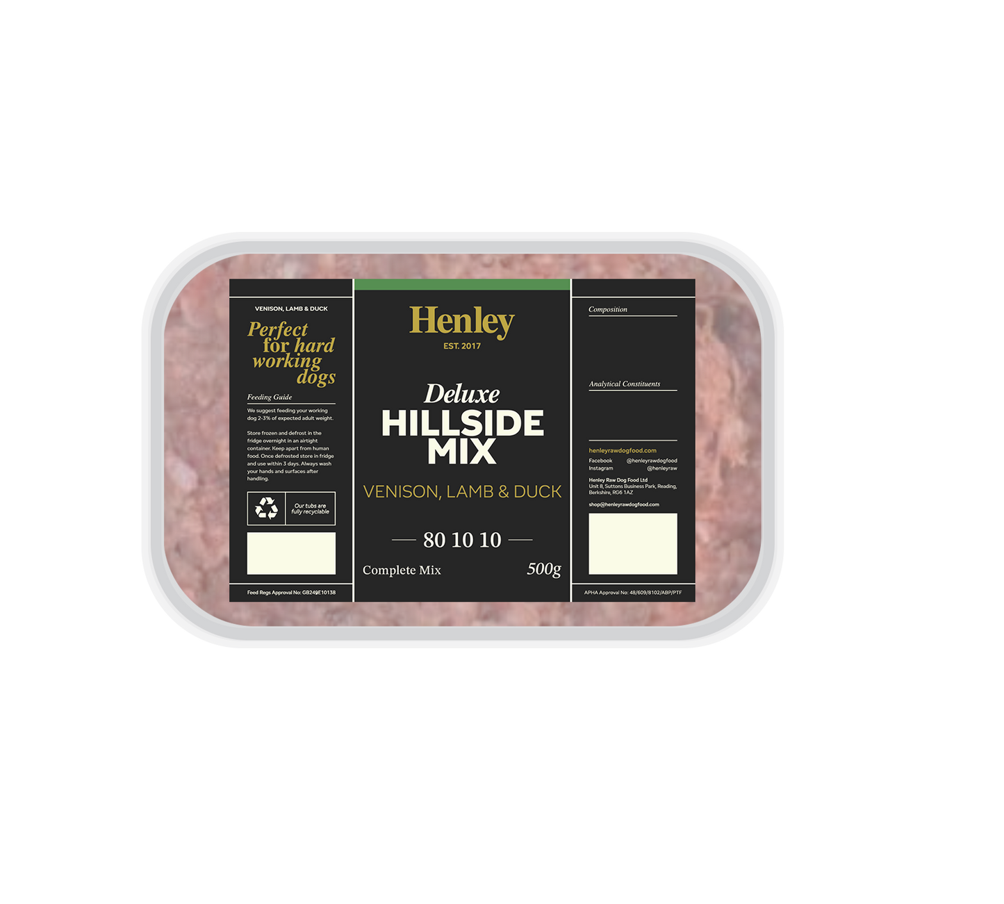 Henley Raw - Hillside Mix 80:10:10 (Venison, Lamb & Duck) 500g