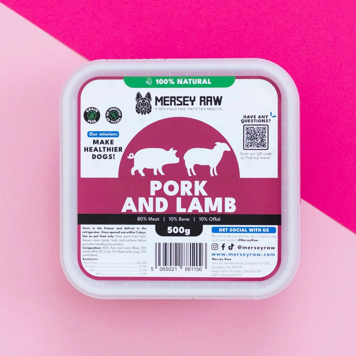 Mersey Raw - Pork & Lamb 80:10:10 500g